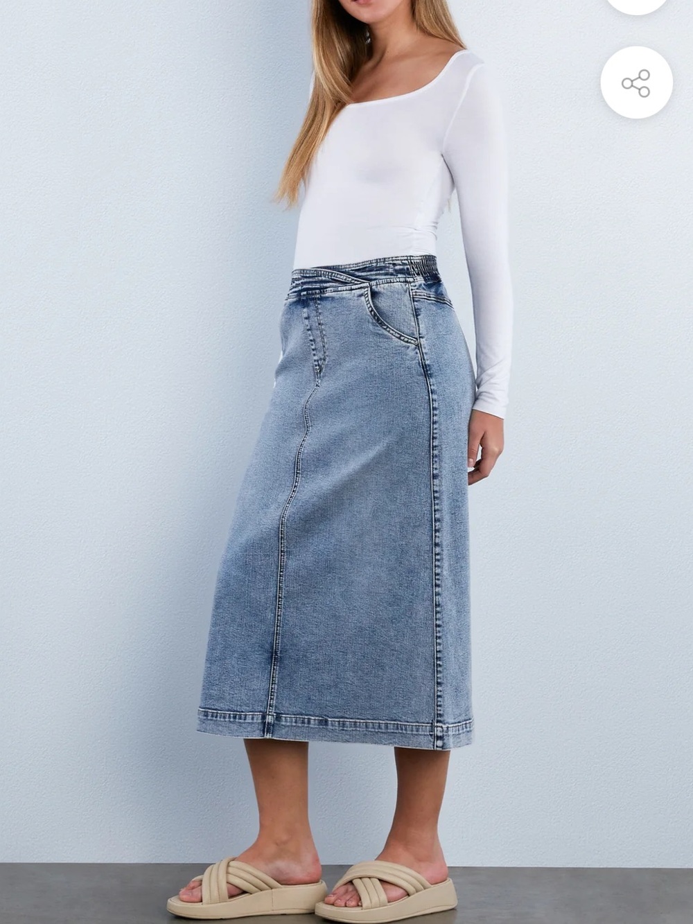 Wash Lab Elastic Back Denim Midi Skirt - No Frills Blue - Size 26